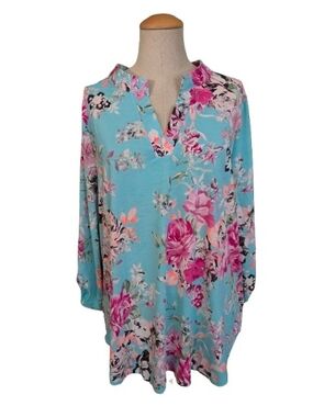 Floral Print Lightweight 3/4 Length Sleeve Blouse Aqua with Pink Roses